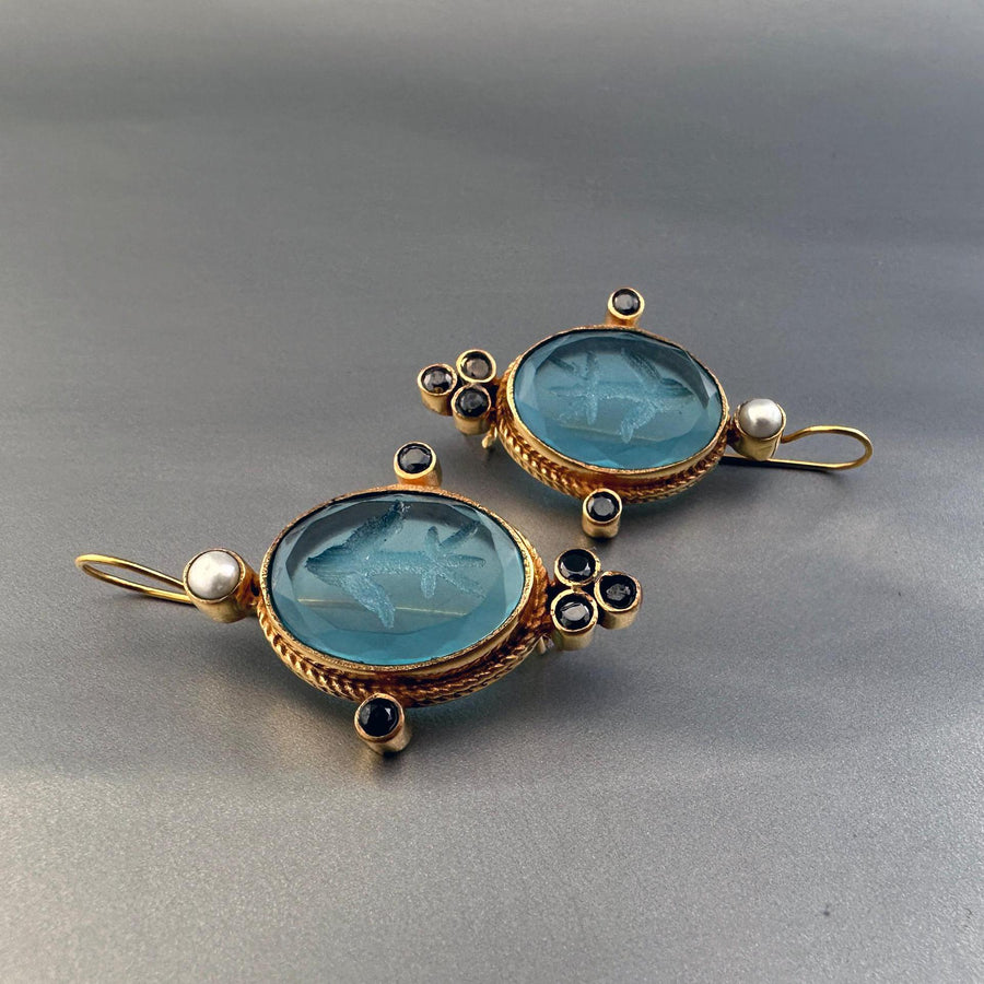 Blue Glass Intaglio Earrings, Bridal Style, Antique Gold Vermeil