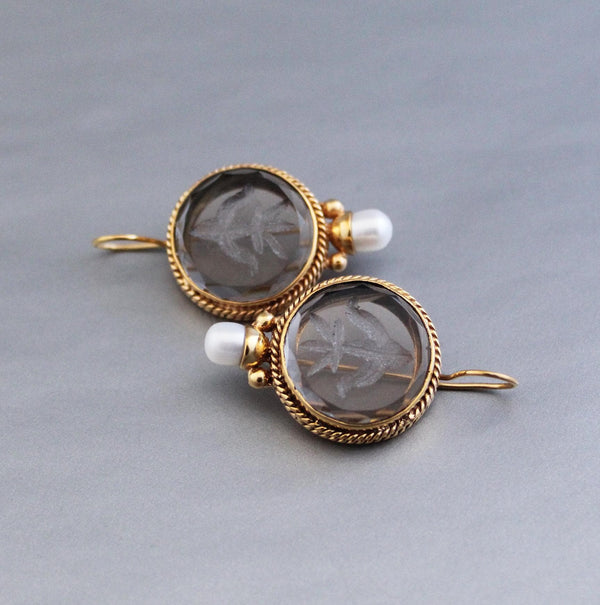 Smoky Quartz Intaglio Drop Earrings, Victorian Style, Brass