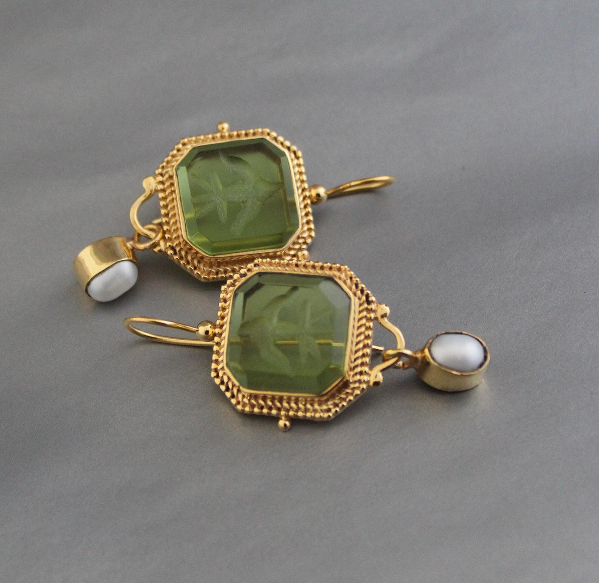Green Intaglio Drop Earrings, Victorian Art Deco Gold, photo 6