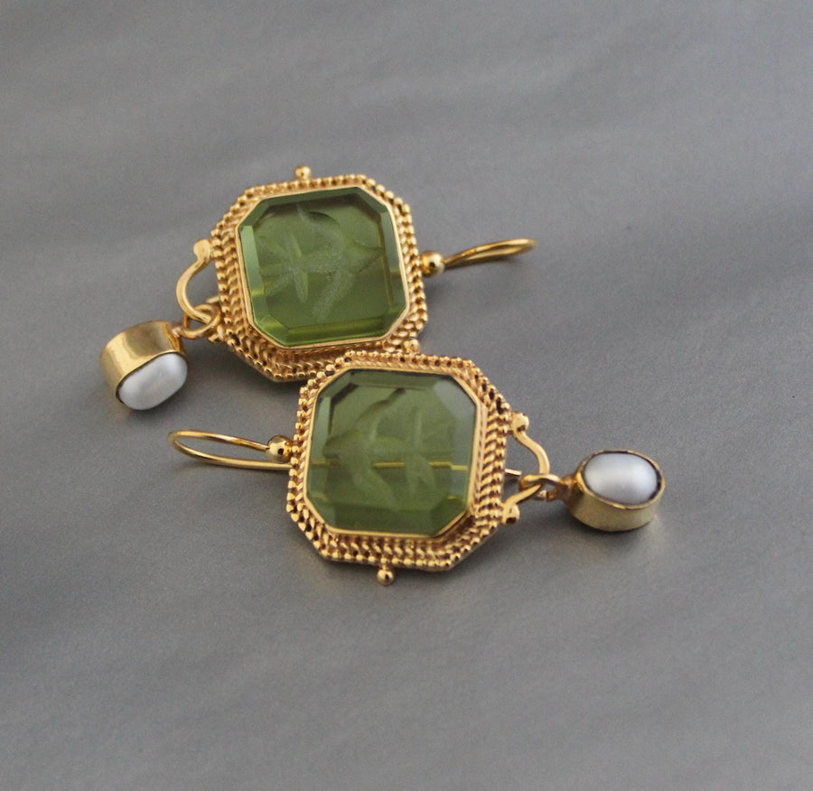 Green Intaglio Drop Earrings, Victorian Art Deco Gold, photo 6