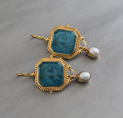 Blue Glass Intaglio Earrings, Antique Gold Hoops, photo 7