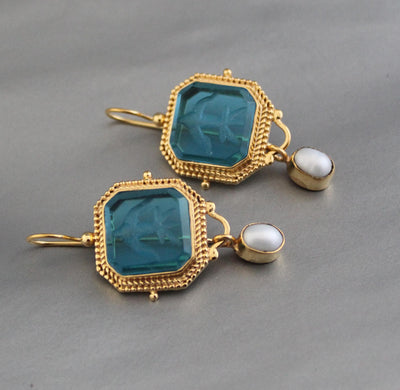 Blue Glass Intaglio Earrings, Antique Gold Hoops, photo 8