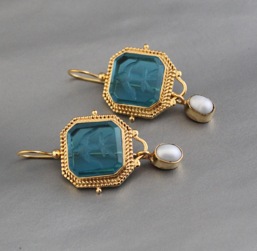 Blue Glass Intaglio Earrings, Antique Gold Hoops, photo 8