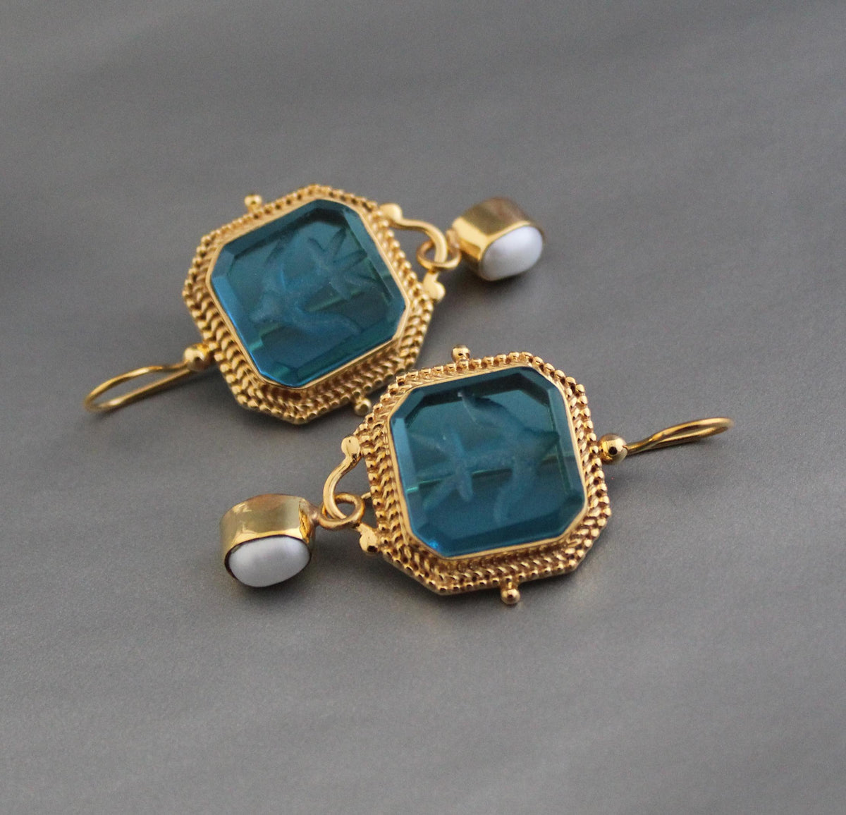 Blue Glass Intaglio Earrings, Antique Gold Hoops, photo 5