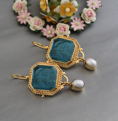 Blue Glass Intaglio Earrings, Antique Gold Hoops