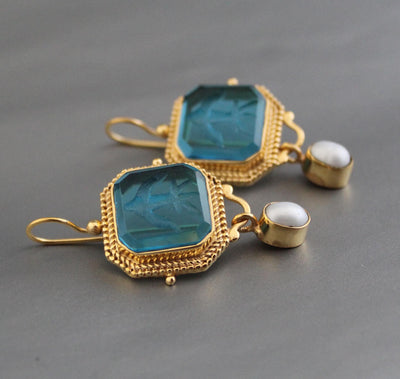 Blue Glass Intaglio Earrings, Antique Gold Hoops, photo 2