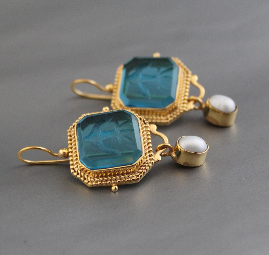 Blue Glass Intaglio Earrings, Antique Gold Hoops, photo 2