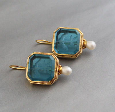 Blue Glass Intaglio Earrings, Victorian Vintage Gold, photo 6