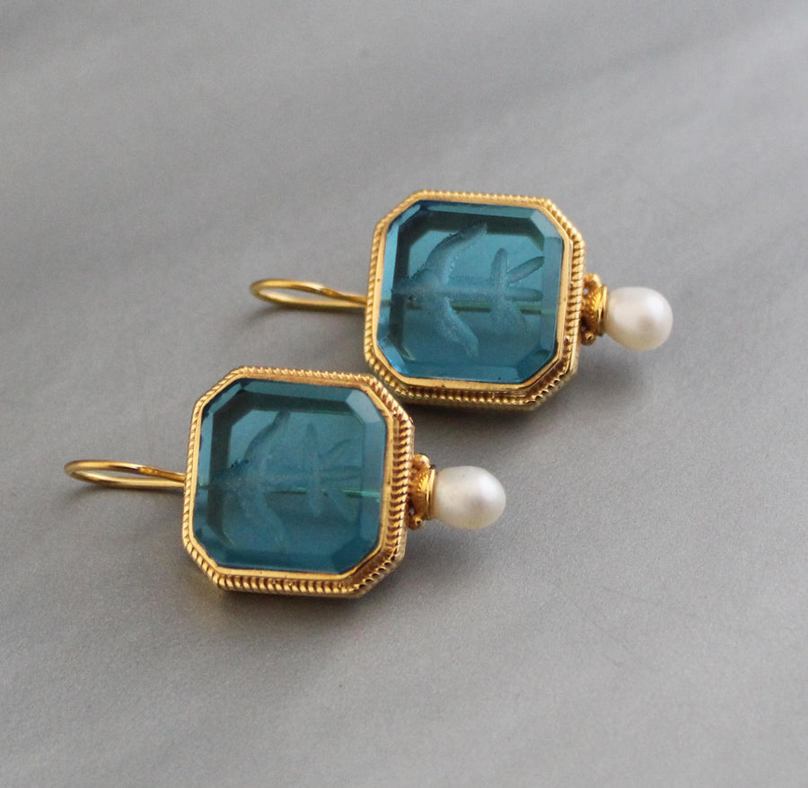 Blue Glass Intaglio Earrings, Victorian Vintage Gold, photo 6