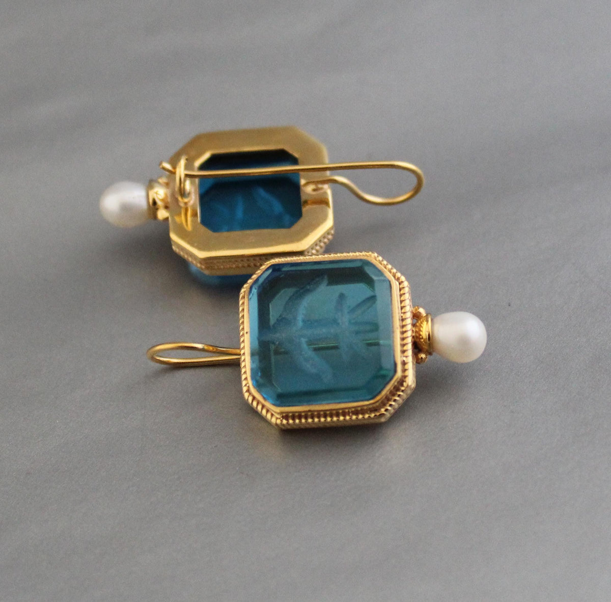 Blue Glass Intaglio Earrings, Victorian Vintage Gold, photo 5