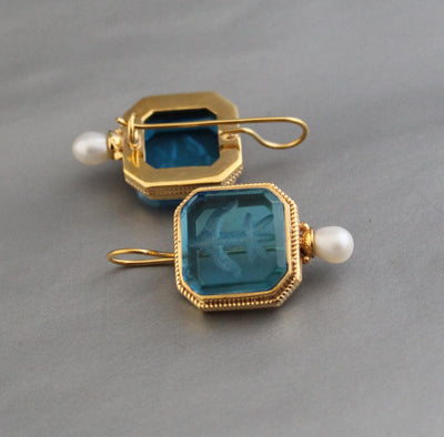 Blue Glass Intaglio Earrings, Victorian Vintage Gold, photo 5