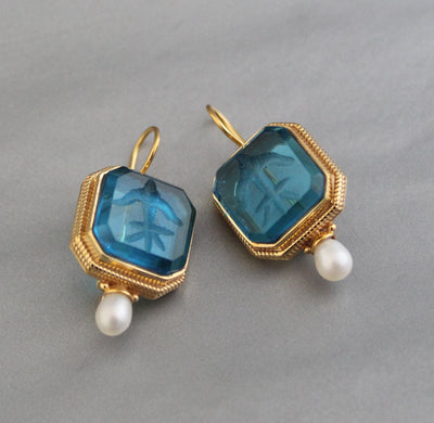 Blue Glass Intaglio Earrings, Victorian Vintage Gold, photo 4