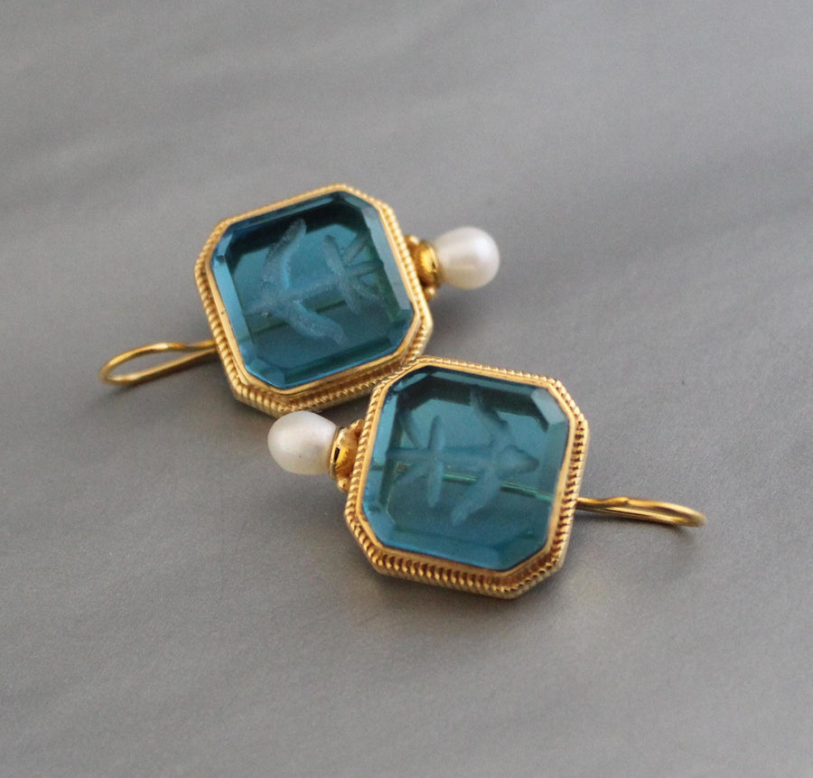 Blue Glass Intaglio Earrings, Victorian Vintage Gold, photo 2