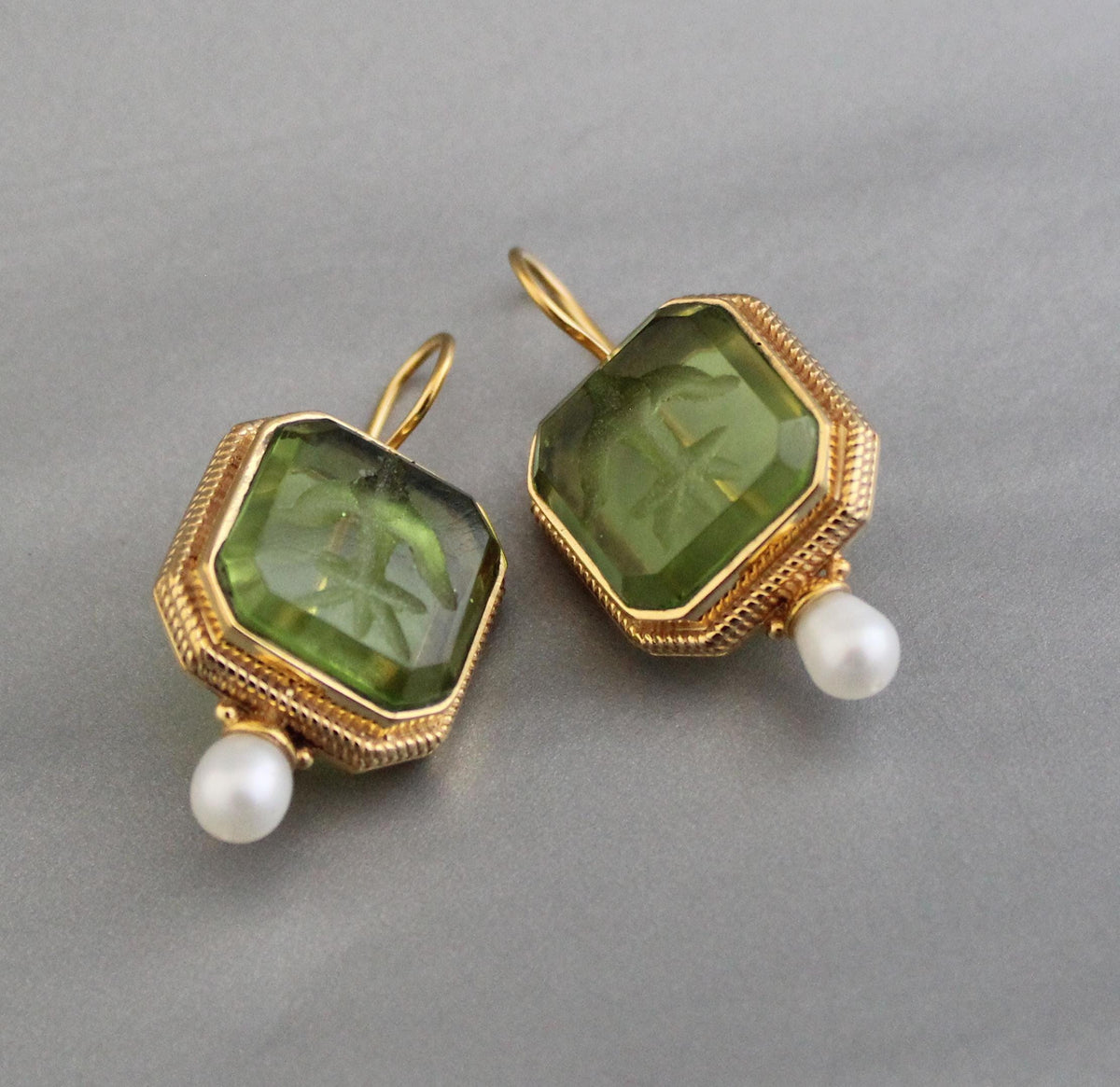 Green Glass Intaglio Earrings, Victorian Art Deco Style, Gold, photo 6