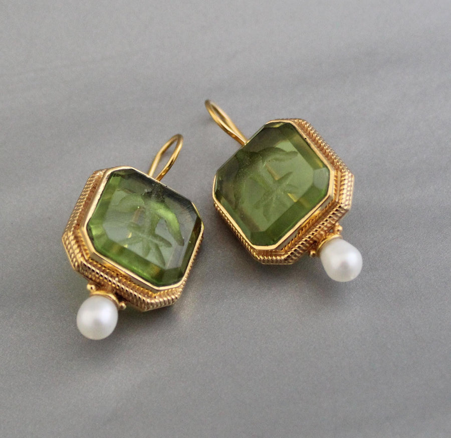 Green Glass Intaglio Earrings, Victorian Art Deco Style, Gold, photo 6