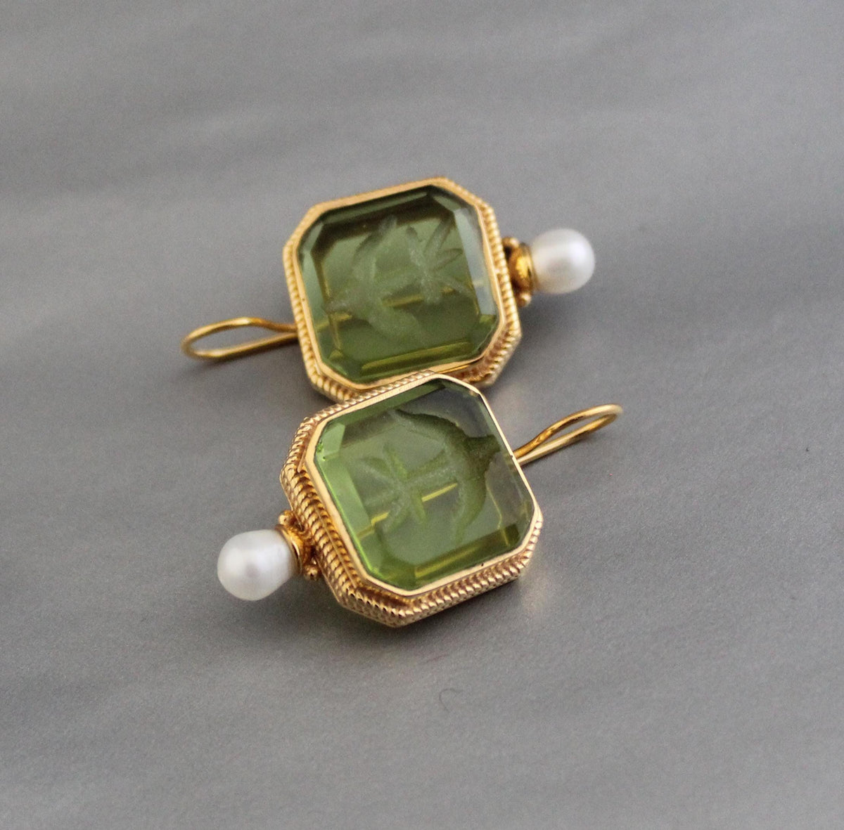 Green Glass Intaglio Earrings, Victorian Art Deco Style, Gold, photo 5
