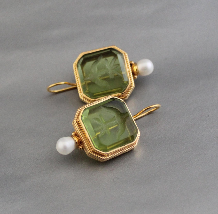 Green Glass Intaglio Earrings, Victorian Art Deco Style, Gold, photo 5