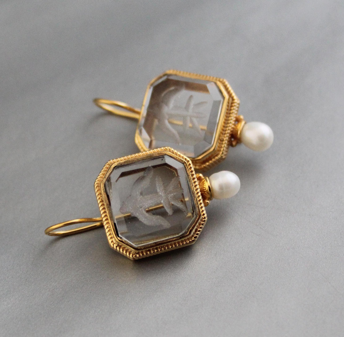 Intaglio Crystal Earrings, Victorian Style, Gold Filled, photo 4