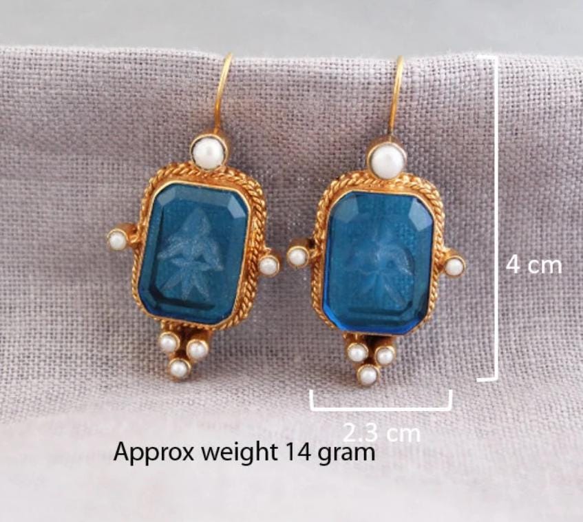 Blue Glass Intaglio Earrings, Victorian Art Deco Style, Rose Gold, photo 3