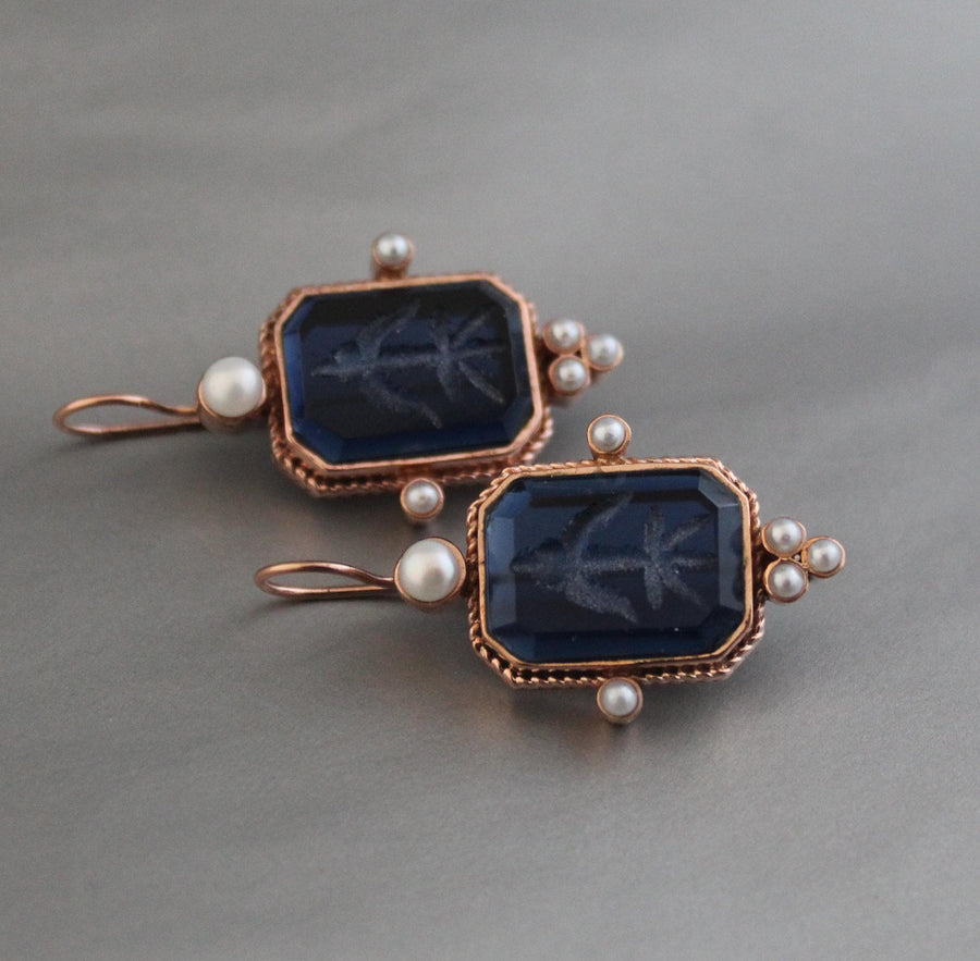 Blue Glass Intaglio Earrings, Victorian Art Deco Style, Rose Gold, photo 5