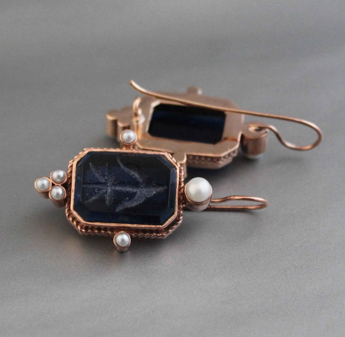 Blue Glass Intaglio Earrings, Victorian Art Deco Style, Rose Gold, photo 7