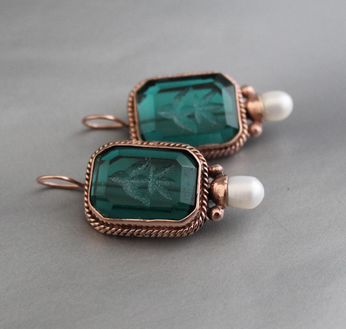 Green Glass Intaglio Earrings, Victorian Art Deco Style, Rose Gold, photo 2