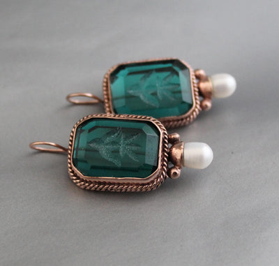 Green Glass Intaglio Earrings, Victorian Art Deco Style, Rose Gold, photo 2