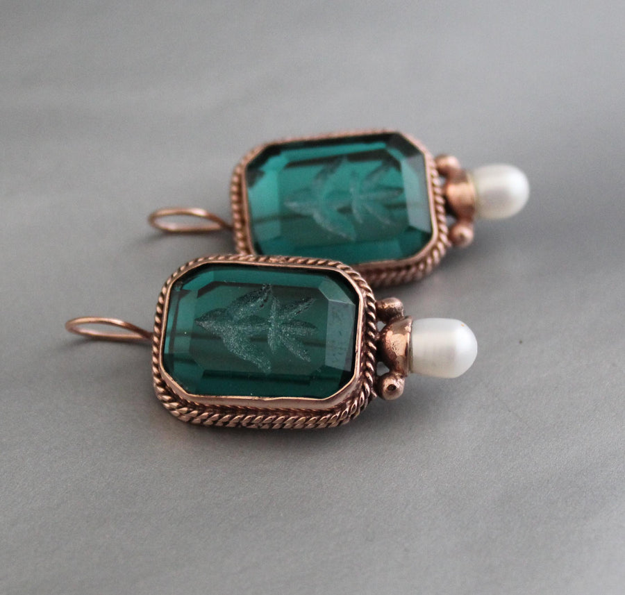 Green Glass Intaglio Earrings, Victorian Art Deco Style, Rose Gold, photo 2