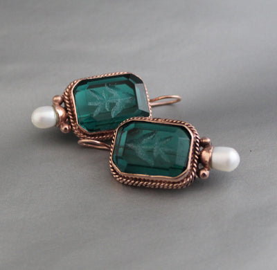 Green Glass Intaglio Earrings, Victorian Art Deco Style, Rose Gold, photo 4