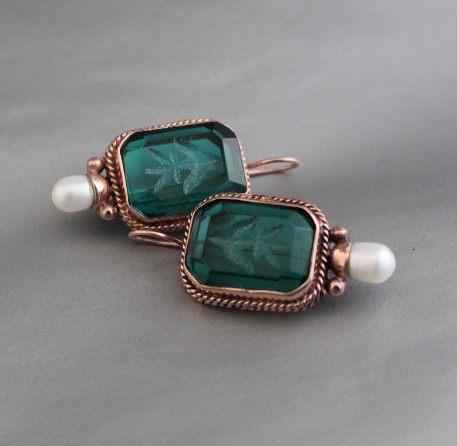 Green Glass Intaglio Earrings, Victorian Art Deco Style, Rose Gold, photo 4