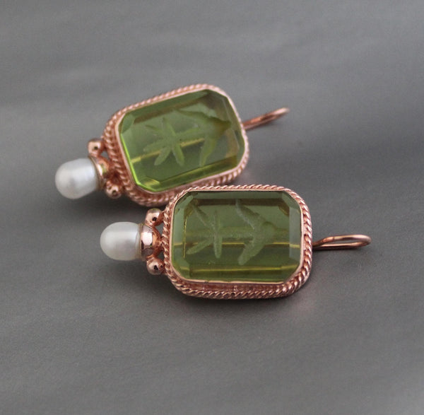 Green Glass Intaglio Earrings, Victorian Bridal Style, Rose Gold