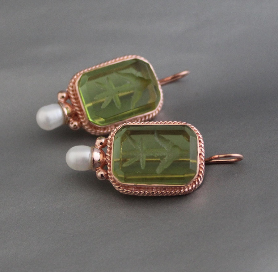 Green Glass Intaglio Earrings, Victorian Bridal Style, Rose Gold