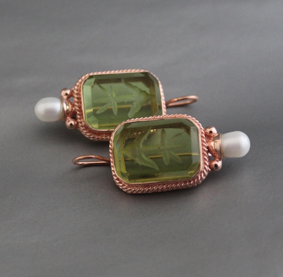 Green Glass Intaglio Earrings, Victorian Bridal Style, Rose Gold, photo 5