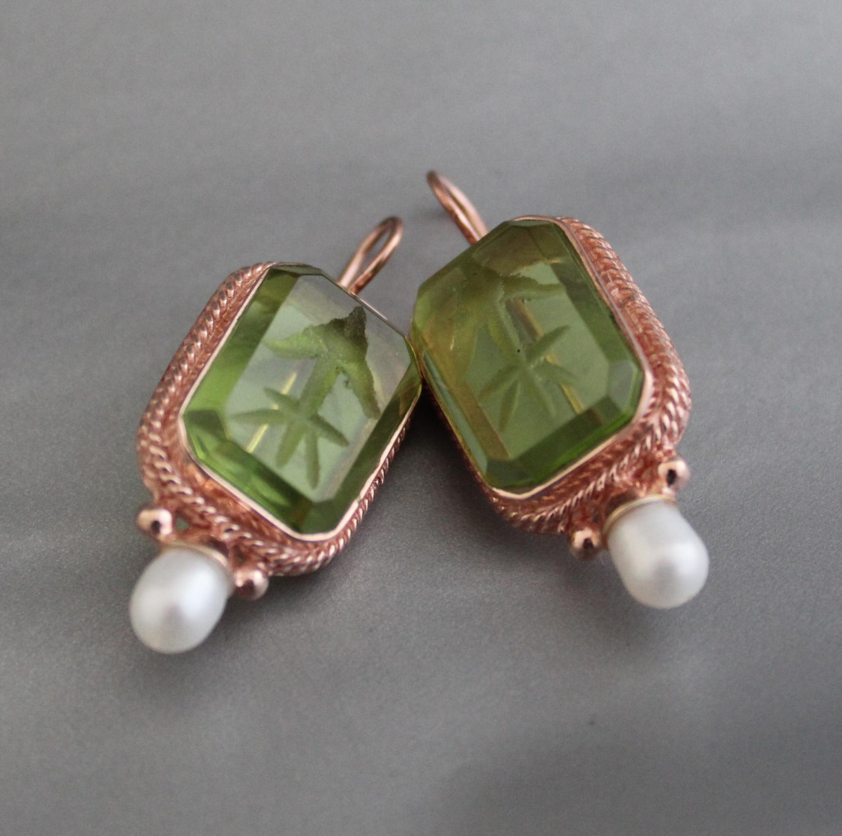Green Glass Intaglio Earrings, Victorian Bridal Style, Rose Gold, photo 2