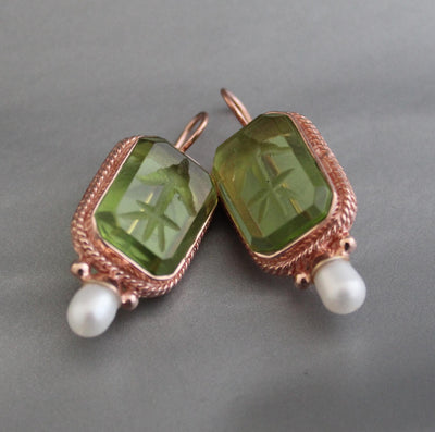 Green Glass Intaglio Earrings, Victorian Bridal Style, Rose Gold, photo 2