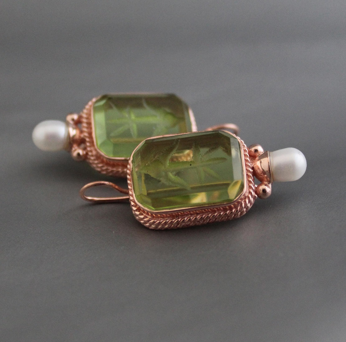 Green Glass Intaglio Earrings, Victorian Bridal Style, Rose Gold, photo 6