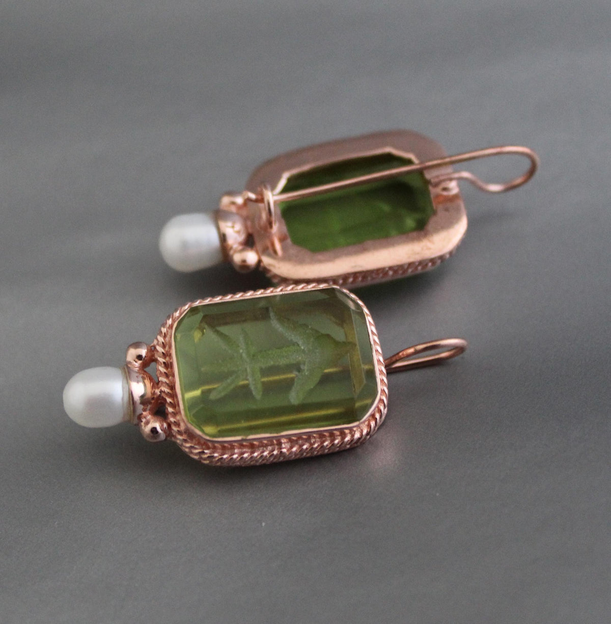 Green Glass Intaglio Earrings, Victorian Bridal Style, Rose Gold, photo 7
