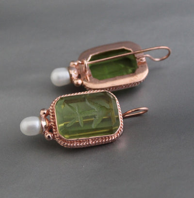 Green Glass Intaglio Earrings, Victorian Bridal Style, Rose Gold, photo 7