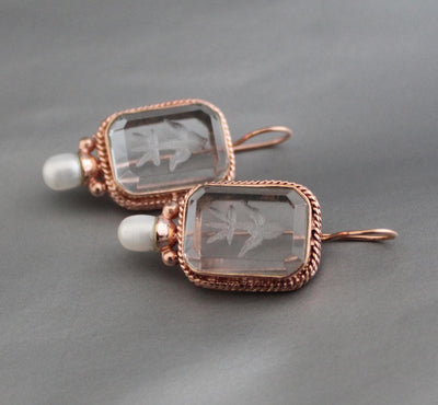 Rose Gold Intaglio Crystal Earrings, Italian Style Carved Glass, photo 6