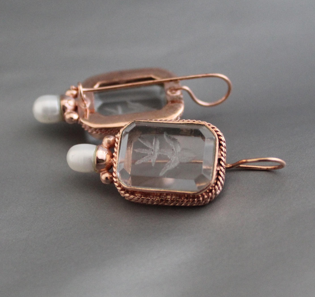 Rose Gold Intaglio Crystal Earrings, Italian Style Carved Glass, photo 7