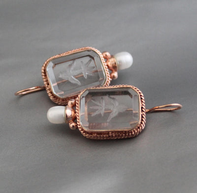 Rose Gold Intaglio Crystal Earrings, Italian Style Carved Glass, photo 2