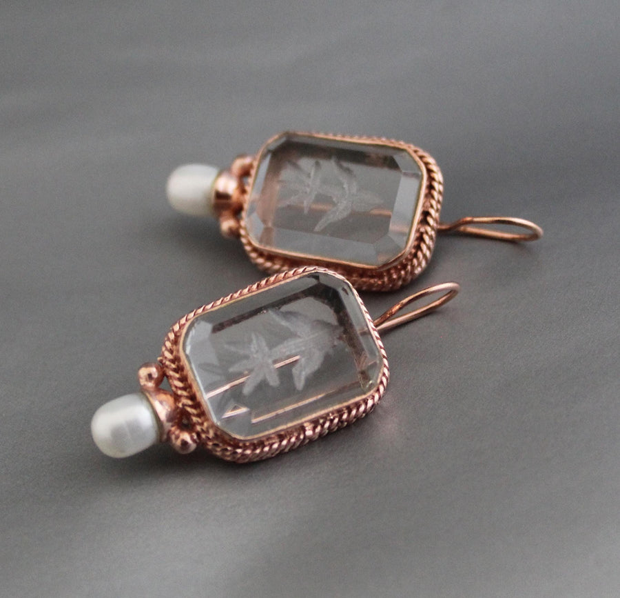 Rose Gold Intaglio Crystal Earrings, Italian Style Carved Glass