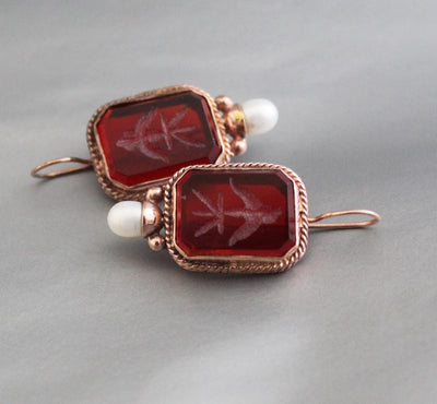 Red Rectangular Intaglio Earrings, Victorian Gothic Style, Rose Gold Plated, photo 8