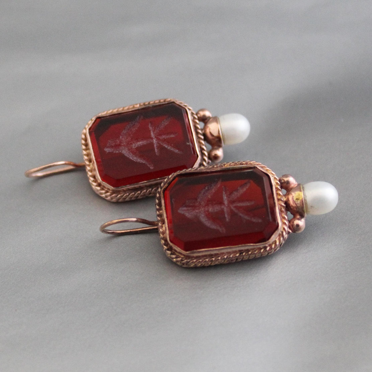 Red Rectangular Intaglio Earrings, Victorian Gothic Style, Rose Gold Plated, photo 9