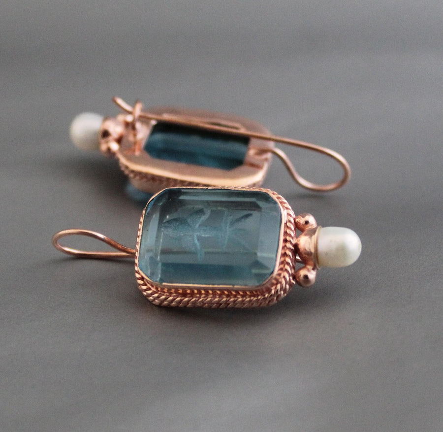 Fleur-de-lis Intaglio Earrings, Bridal Pearls, Rose Gold