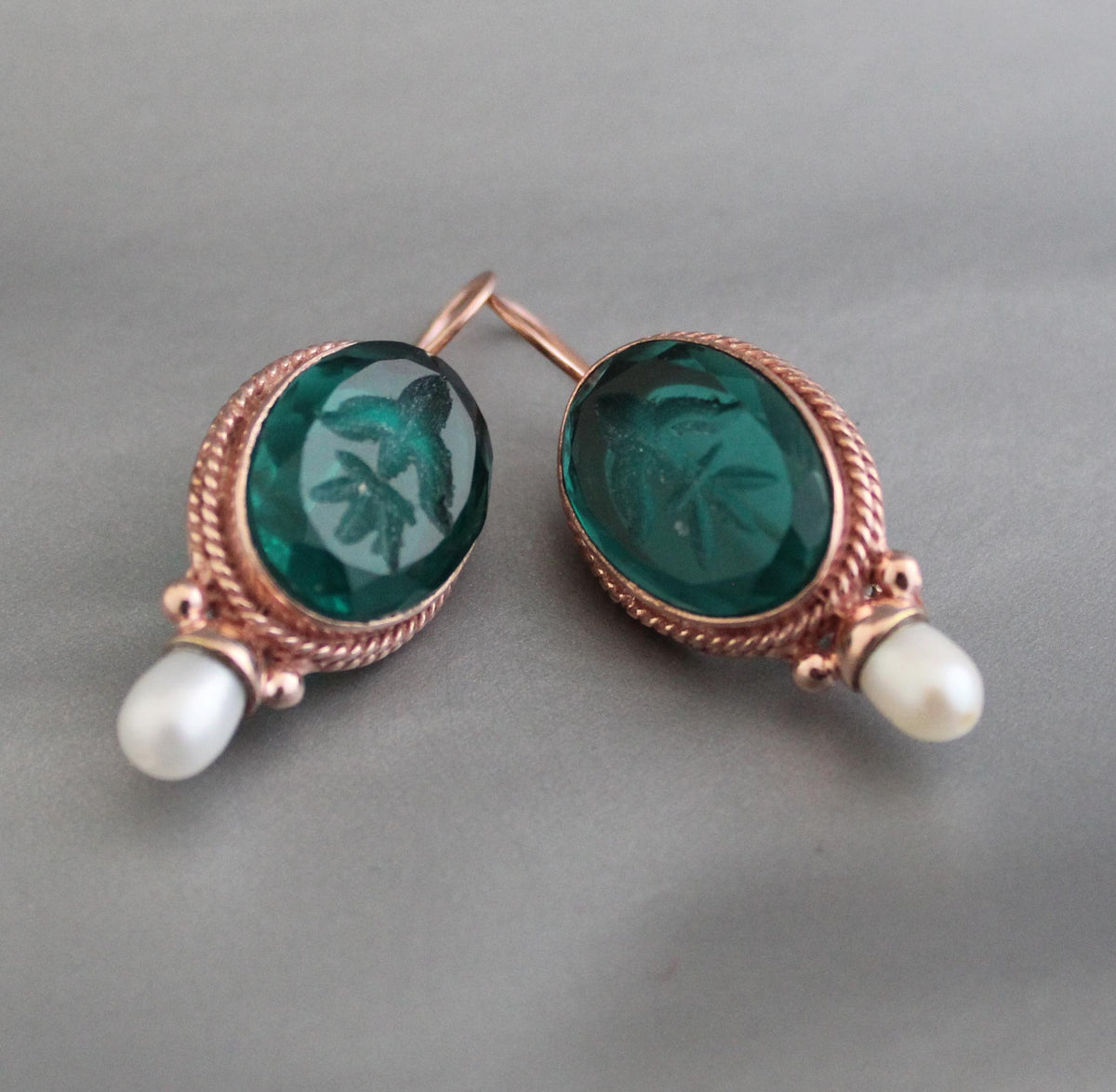 Green Glass Intaglio Earrings, Victorian Pearl Drops, Rose Gold, photo 8