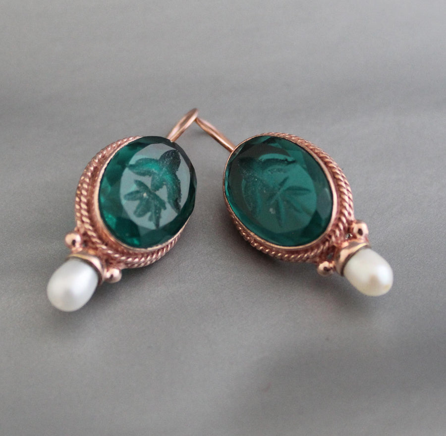 Green Glass Intaglio Earrings, Victorian Pearl Drops, Rose Gold, photo 8
