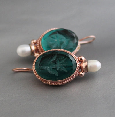 Green Glass Intaglio Earrings, Victorian Pearl Drops, Rose Gold, photo 6