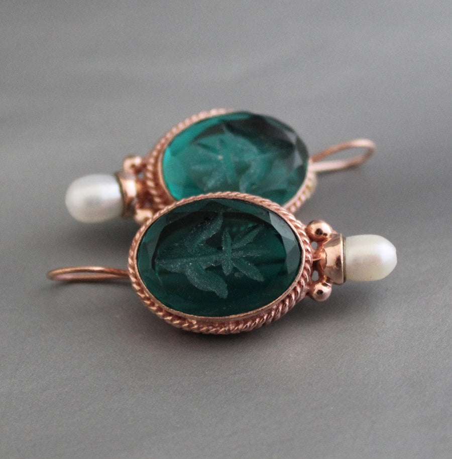 Green Glass Intaglio Earrings, Victorian Pearl Drops, Rose Gold, photo 6