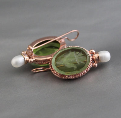 Intaglio Glass Earrings, Bridal Pearl Accent, Rose Gold Vermeil, photo 5
